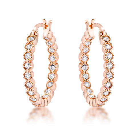 Rose Gold Plated Dotted Clear CZ Round Bezel Hoop Earrings