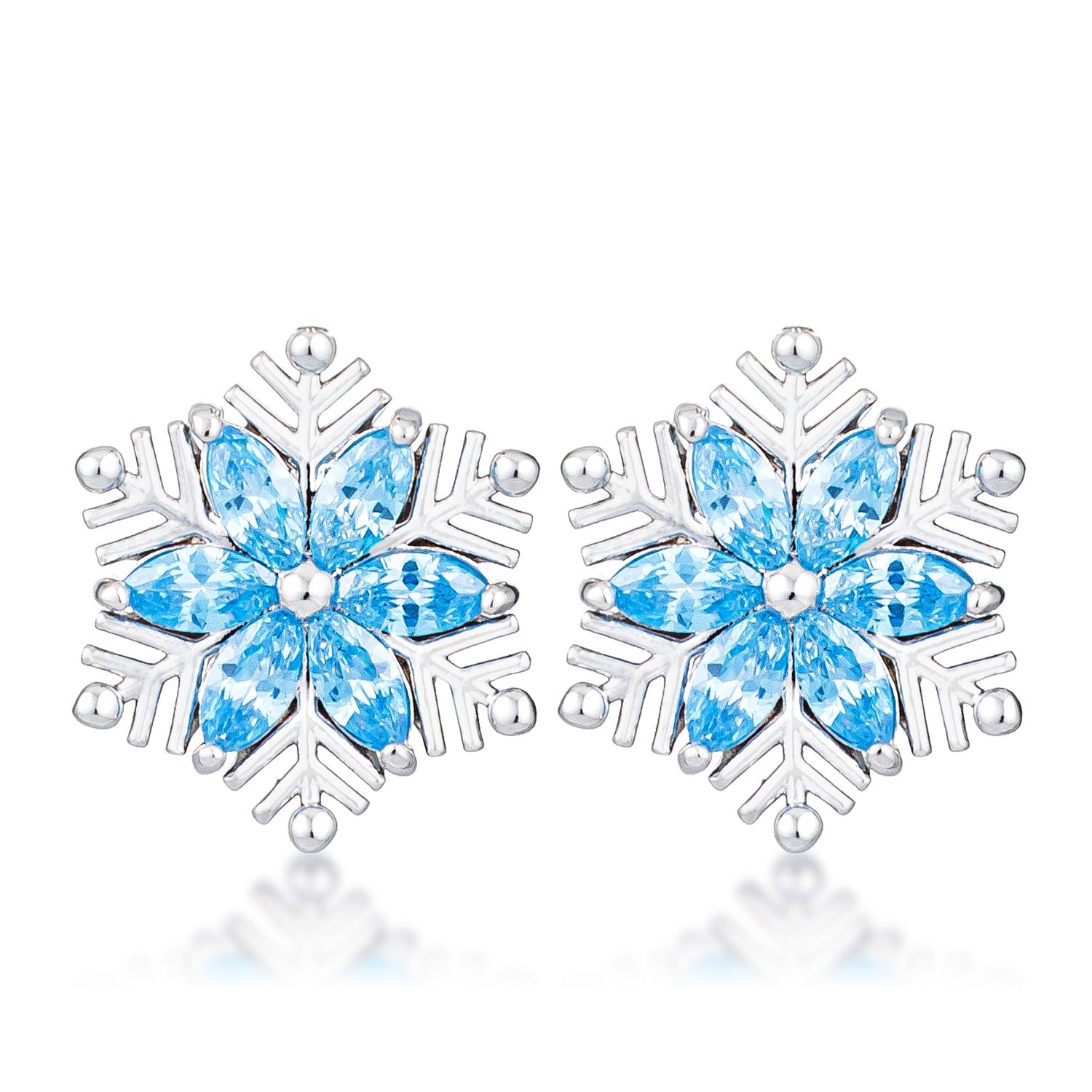 Rhodium Plated Aqua Blue Marquise Snowflake Earrings