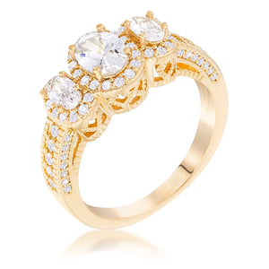Gold Plated 3-Stone Clear Oval Cut CZ Halo Ring