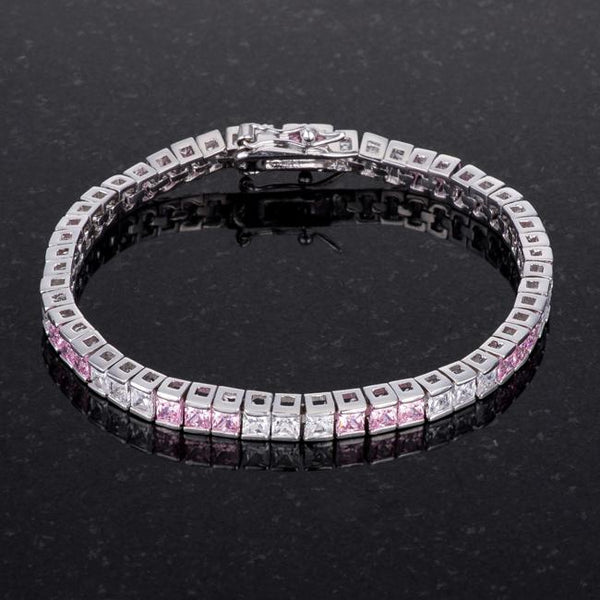 9.7Ct Princess Cut 7in CZ Pink and Clear Rhodium Bracelet