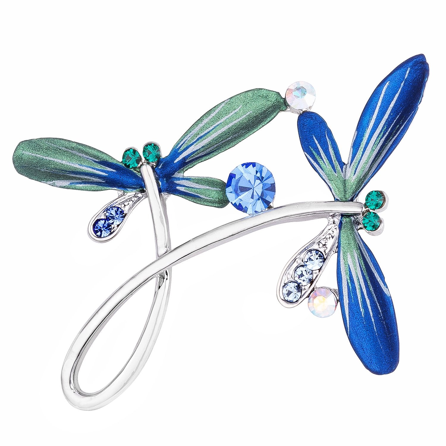 Silvertone Hand Painted Blue Enamel Crystal Accented Flying Dragonflies Brooch