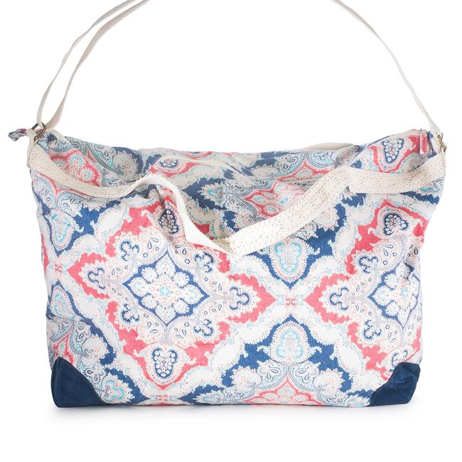 Karen Blue Multicolor Floral And Lace Duffle Bag