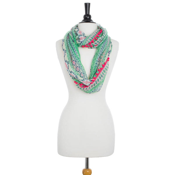Mara Pink Cultural Print Infinity Scarf With Pom Poms