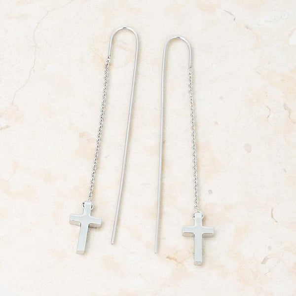 Marylou Rhodium Stainless Steel Cross Threaded Drop Earrings