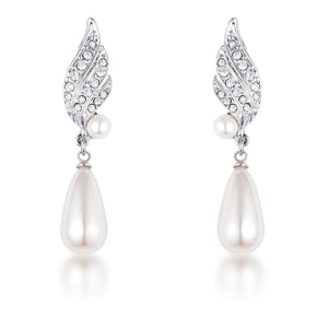 Rhodium Plated Simulated Pearl and Crystal Bridal Drop Earrings