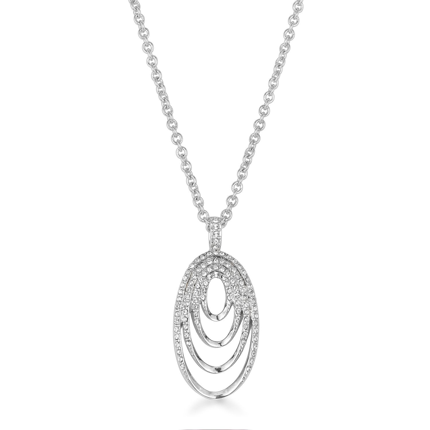 Rhodium Plated Multi Ring Elegant Oval Clear Crystal Necklace