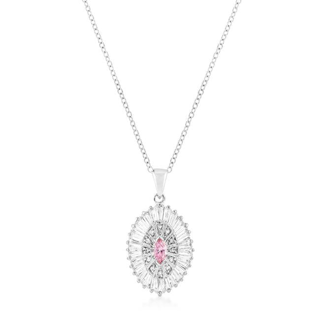 Silvertone Pink and Clear CZ Oval Halo Pendant