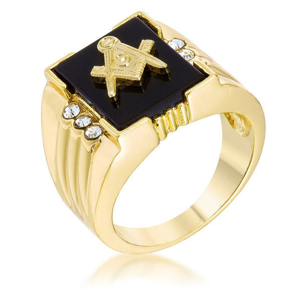 Goldtone Onyx Masonic Ring with CZ Accents