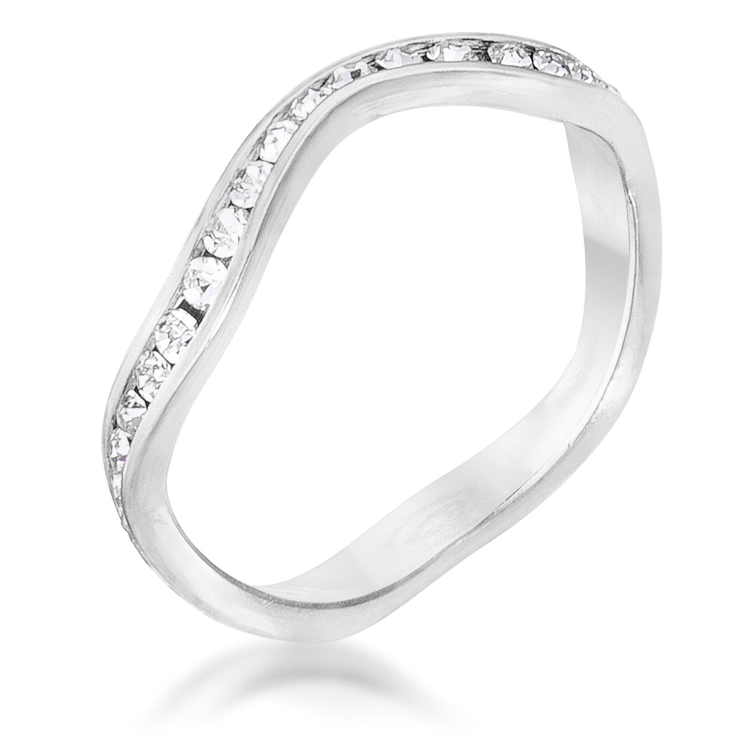 Rhodium Plated Petite Wavy Channel Set Crystal Stackable Ring