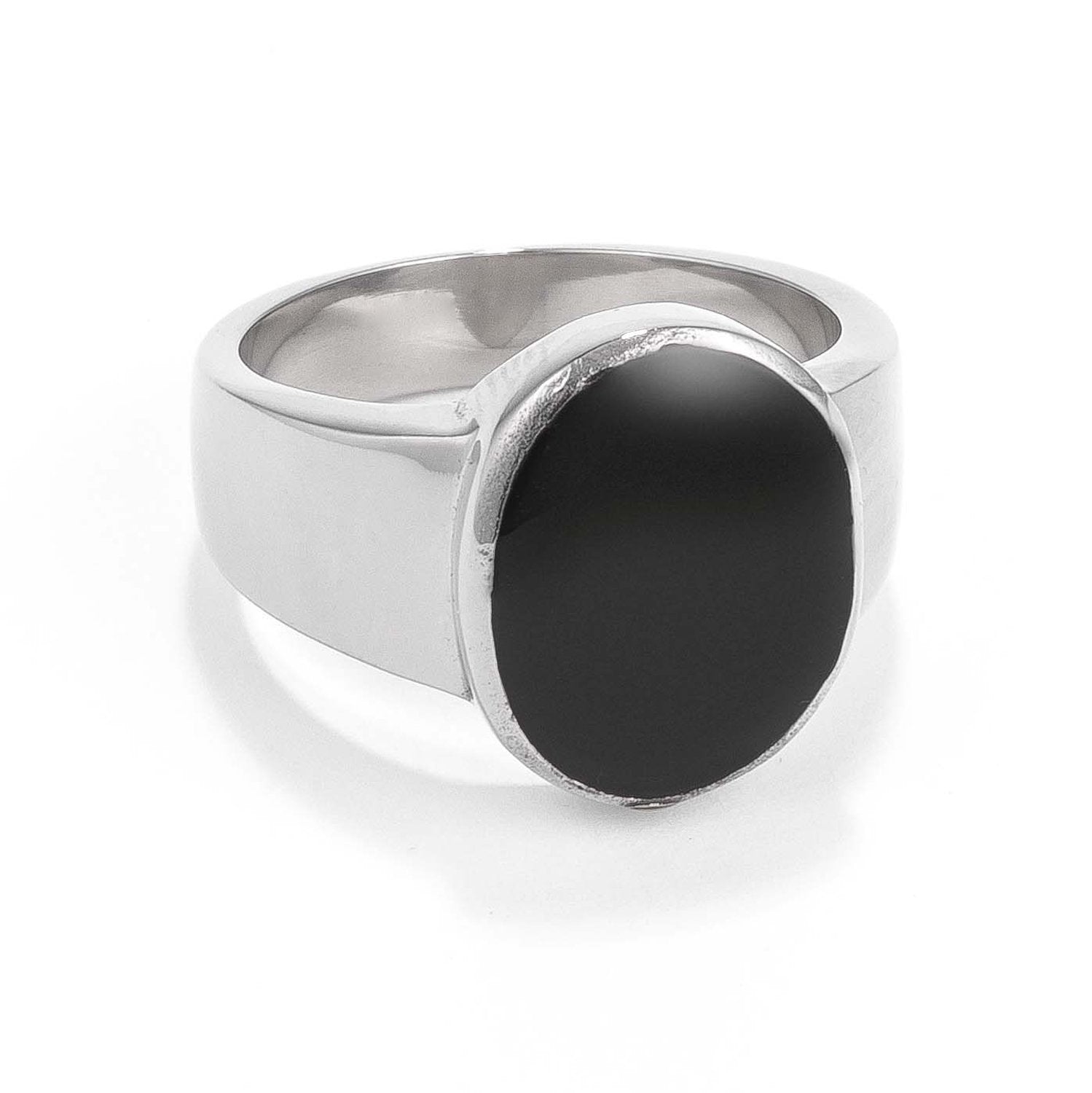 Mens Stainless Steel Oval Black Enamel Ring