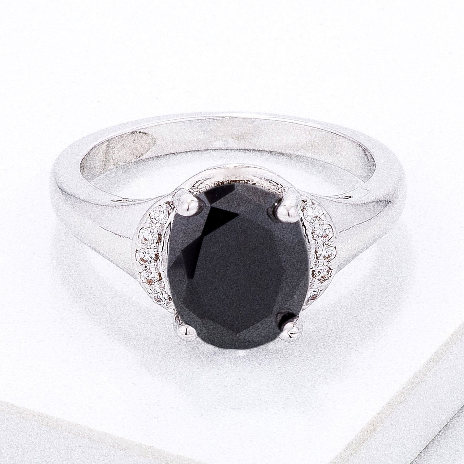 Simple Black & Clear CZ Oval Engagement Style Ring