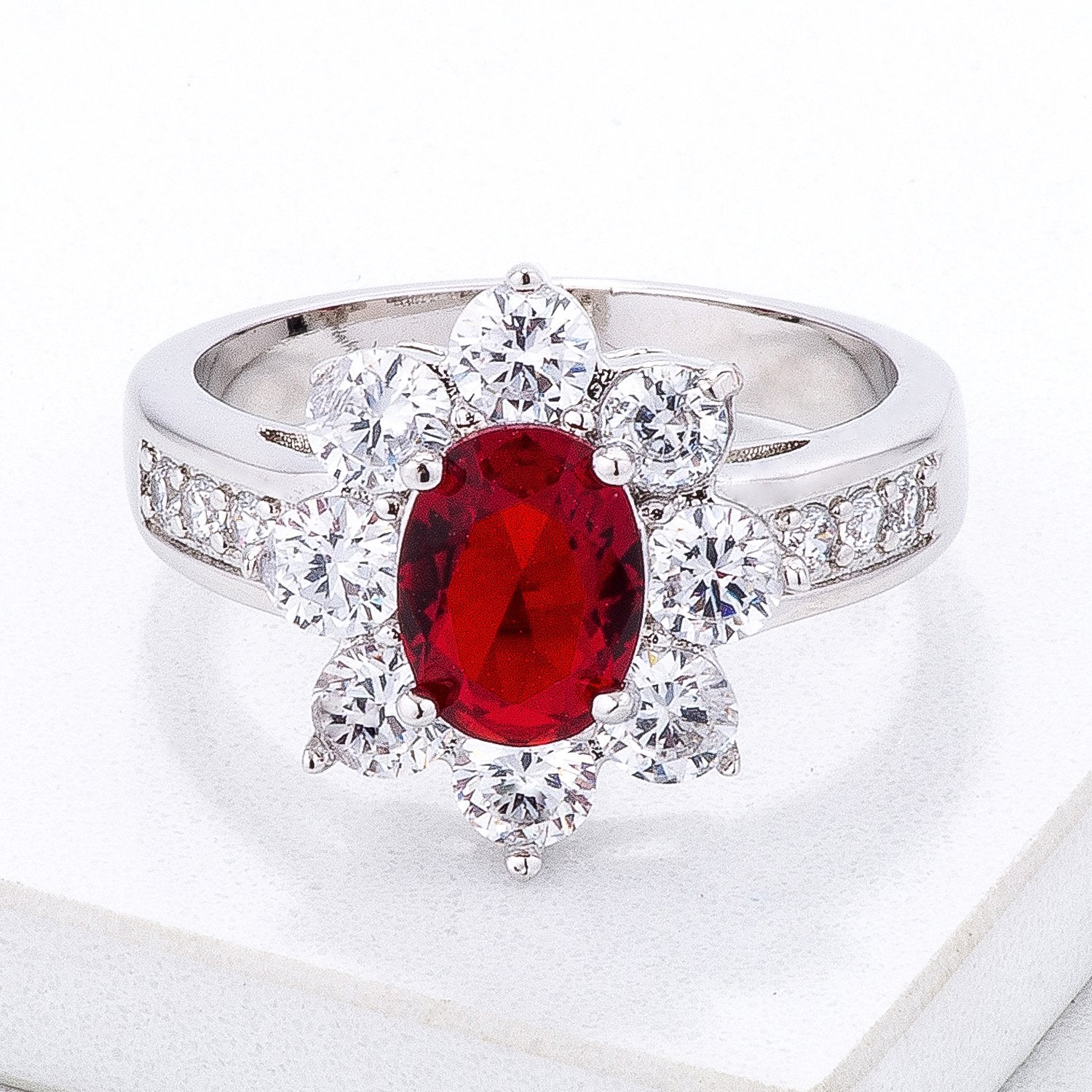 Ruby Red Oval Floral Cocktail Ring