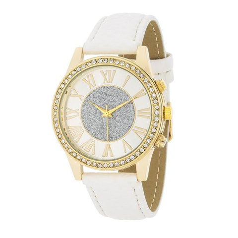 Shira Crystal Leather Watch With White Leather Strap