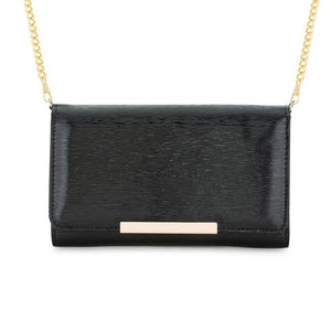 Laney Black Textured Faux Leather Clutch With Gold Chain Strap