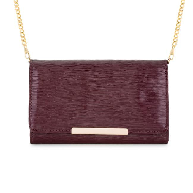 Laney Burgundy Textured Faux Leather Clutch With Gold Chain Strap