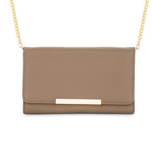Laney Taupe Pebbled Faux Leather Clutch With Gold Chain Strap