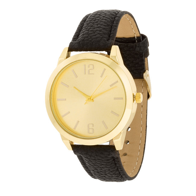 Gold Black Leather Watch