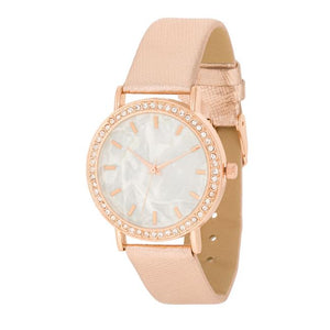 Rose Gold Leather Watch With Crystals