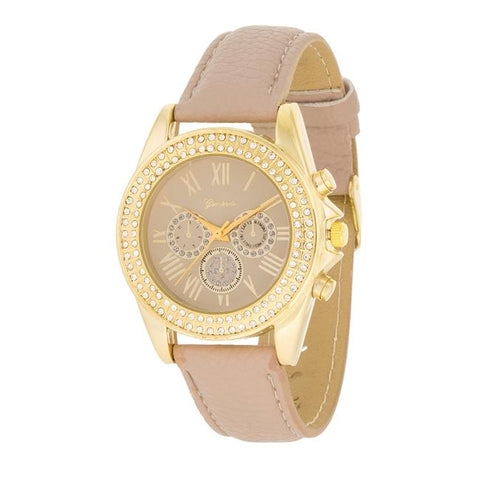 Taupe Leather Watch With Crystals