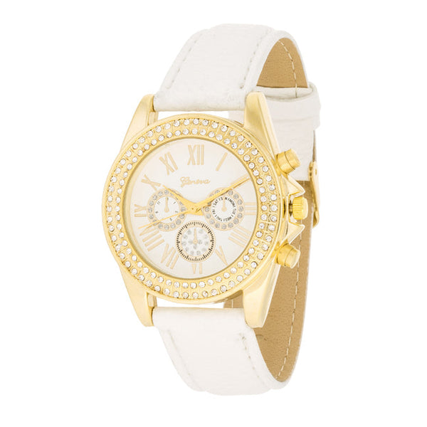White Leather Watch With Crystals