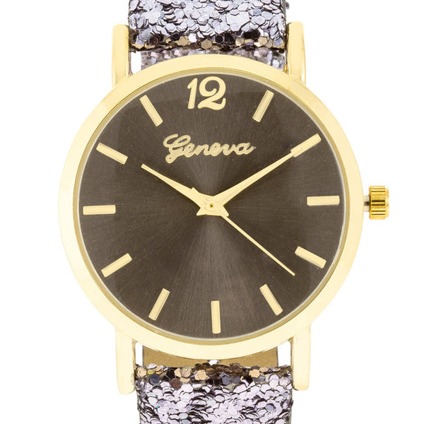 Gold Watch With Glitter Leather Strap