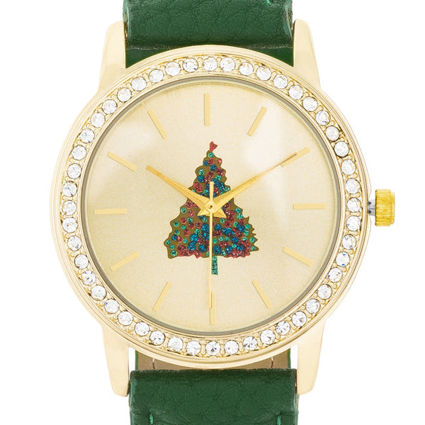 Gold Christmas Crystal Tree Watch With Green Leather Strap