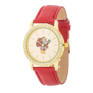 Gold Santa Crystal Watch With Red Leather Strap