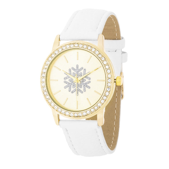Gold Snowflake Crystal Watch With White Leather Strap