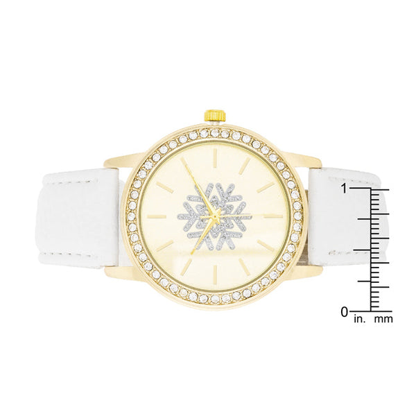 Gold Snowflake Crystal Watch With White Leather Strap