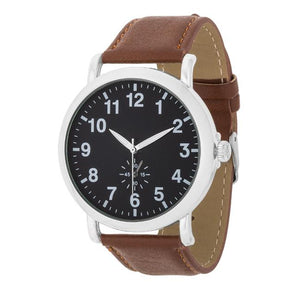 Silver Classic Watch With Brown Leather Strap
