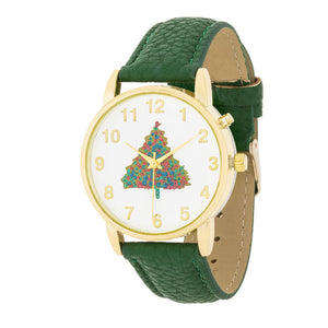 Gold Holiday Tune Watch With Green Leather Strap