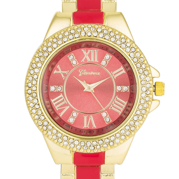 Gold Metal Cuff Watch With Crystals - Coral