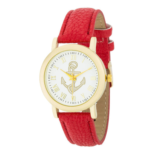 Natalie Gold Nautical Watch With Red Leather Band