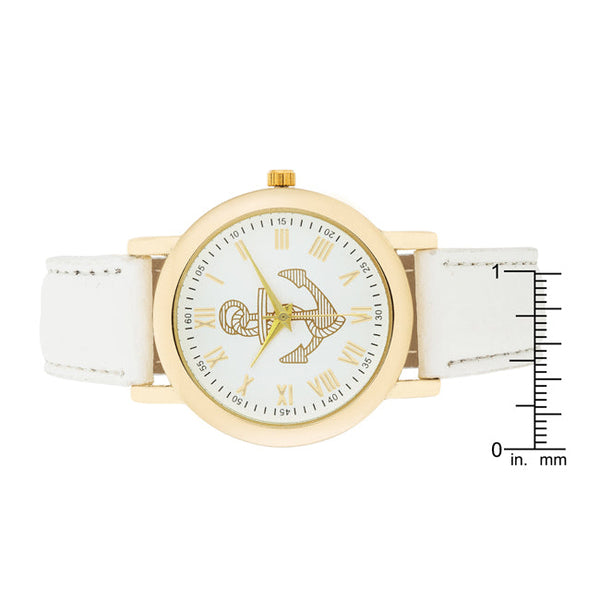 Natalie Gold Nautical Watch With White Leather Band