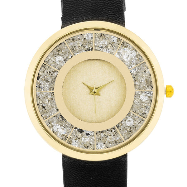 Gold Black Leather Watch With Crystals
