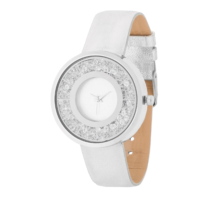 Silver Leather Watch With Crystals