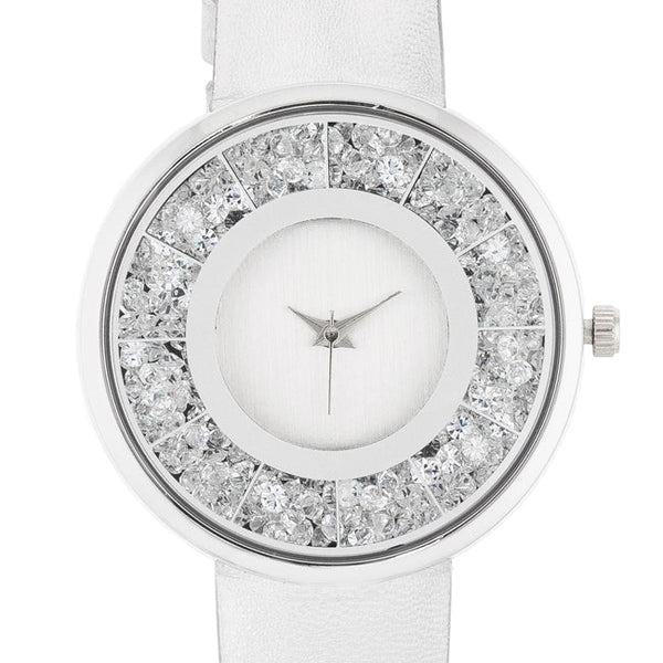Silver Leather Watch With Crystals