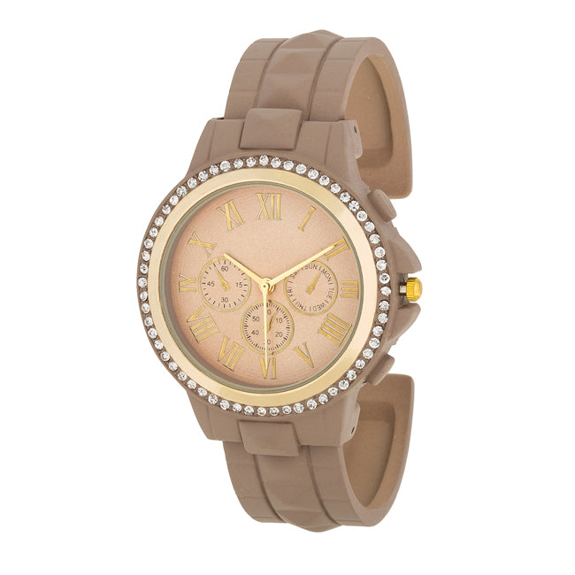 Ava Gold Taupe Metal Watch With Crystals
